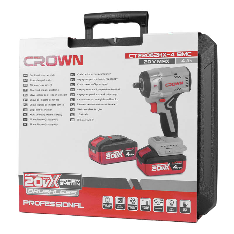 Аккумуляторный ударный гайковерт Crown CT22062HX-4 BMC, 20 В, 550 Нм, 1/2"