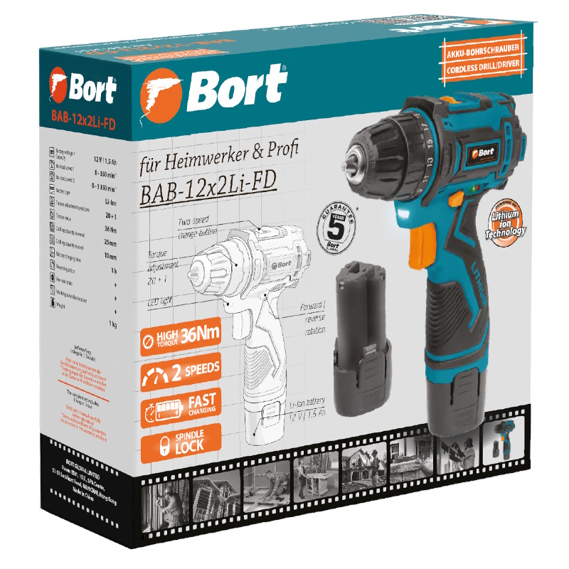 Дрель-шуруповерт аккумуляторная Bort BAB-12x2Li-FD 93413151, 2x1,5 Ah  в Костроме