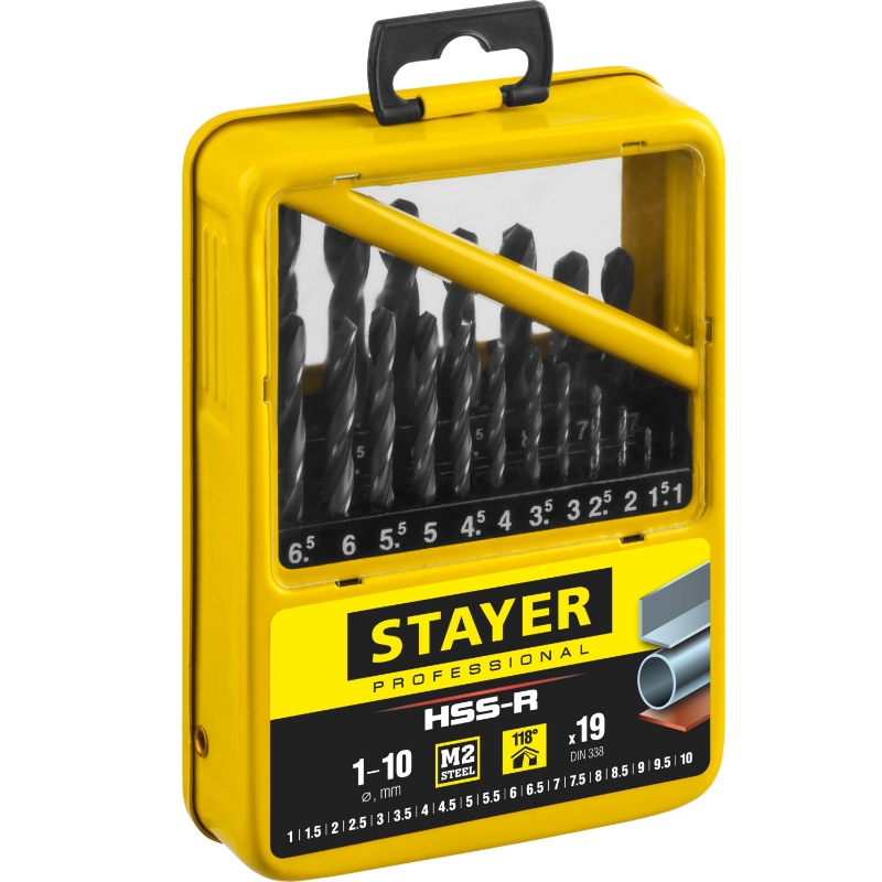 Набор сверл по металлу Stayer "PROFI" 29602-H19-M ,19 шт (d=1-10 мм), быстрорежущая сталь Р6М5, DIN 338 в Твери