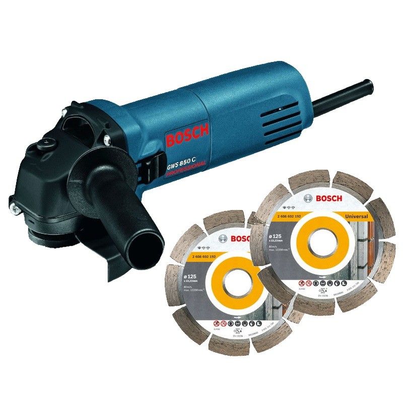 Угловая шлифмашина (болгарка) Bosch GWS 850 C + 2 алмазных диска 0.601.377.79A, 125 мм, 850 Вт, плавный пуск в Муроме