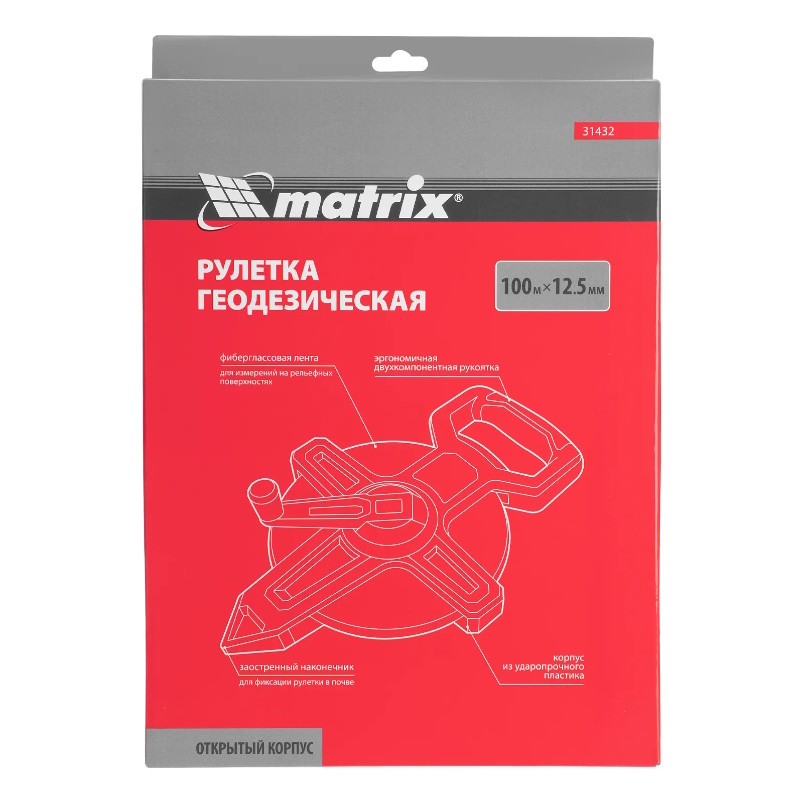 Рулетка геодезическая Matrix 31432, 100 м х 12,5 мм, открытый корпус, фиберглассовая лента в Переславле