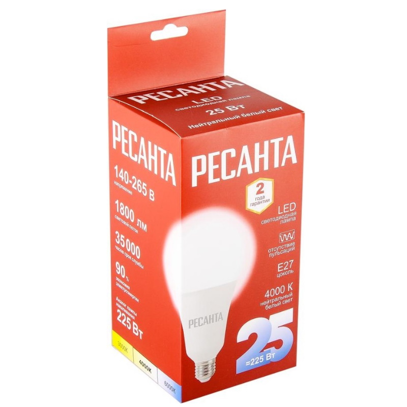 Лампа светодиодная Ресанта LL-R-A95-25W-230-4K-E27 76/1/77, груша, 25Вт, нейтральный, Е27 в Угличе