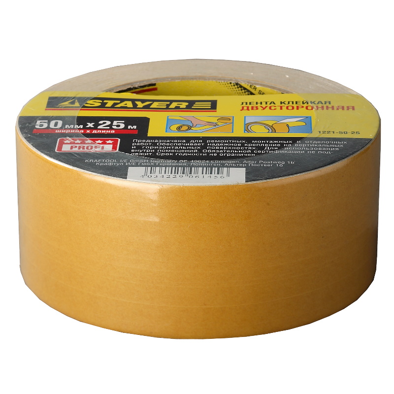 Двухсторонняя клейкая лента Stayer 1221-50-25 на полипропиленовой основе 50 мм х 25 м 408₽