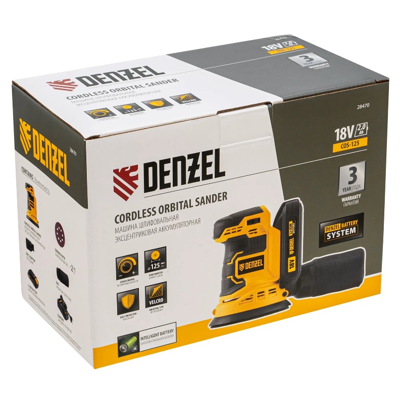 Аккумуляторная эксцентриковая шлифовальная машина Denzel COS-125 28470, 18В Li-Ion в Твери