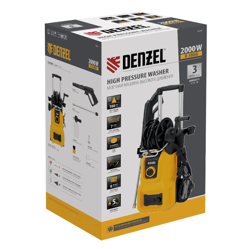 Мойка высокого давления Denzel R-180iD 58266, 180 бар, 2000 Вт, 420 л/ч, асинхронный двигатель, барабан
