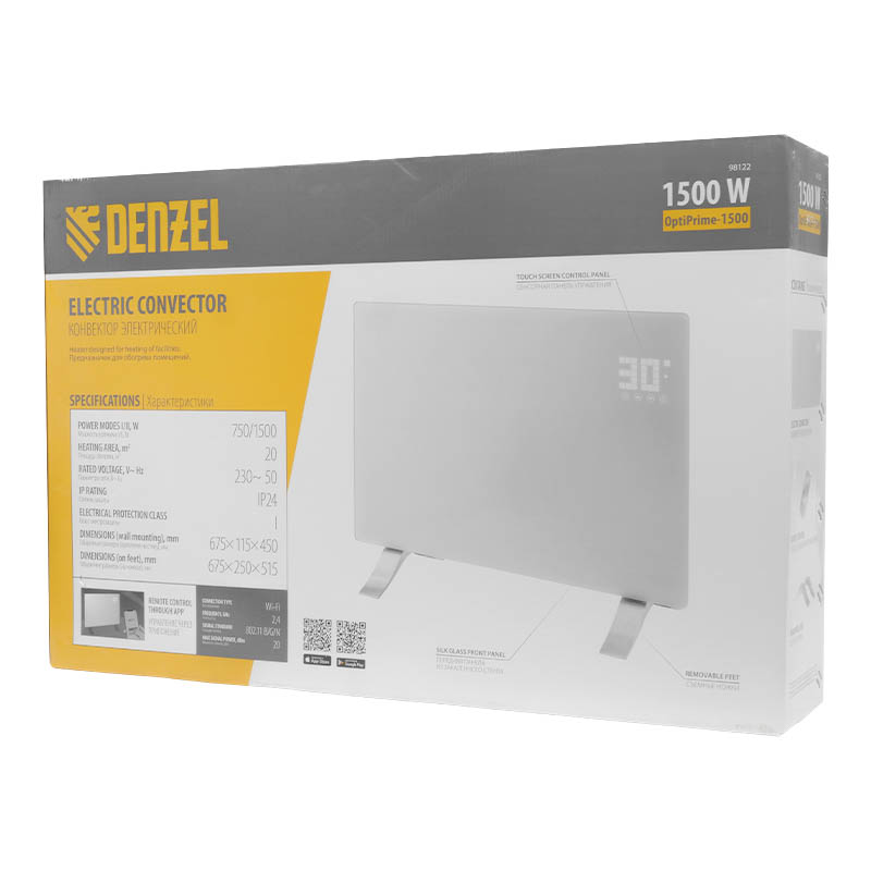 Конвектор электрический Denzel OptiPrime-1500 98122, Wi-Fi, тачскрин, цифровой термостат, 1500 Вт в Кинешме