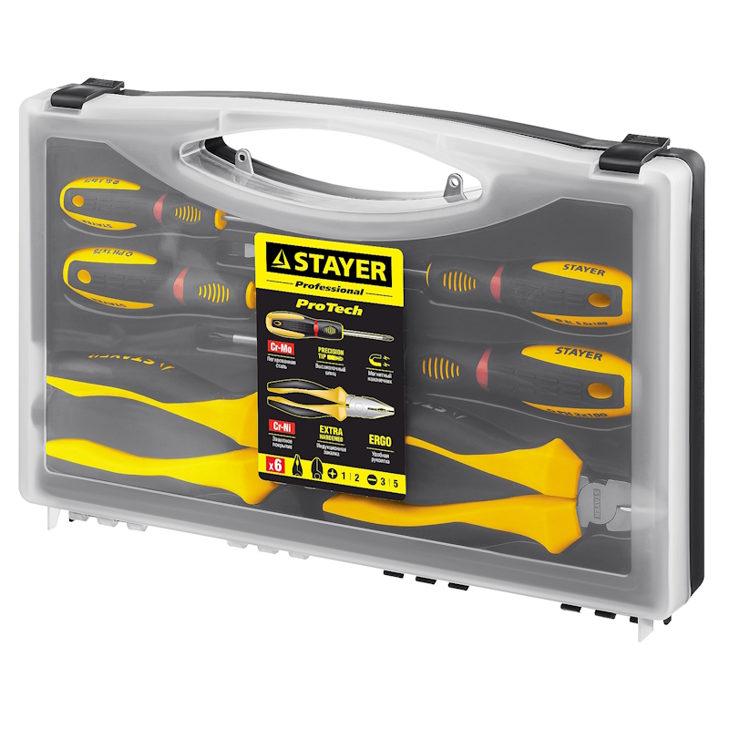Набор слесарно-монтажного инструмента Stayer "PROFI" ULTRA  2202-H6, 4 отвертки, плоскогубцы и бокорезы, 6 предмета