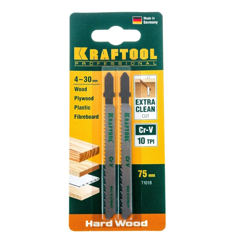 Полотна Kraftool 159511-2,5, T101B, для эл/лобзика, Cr-V, по дереву, ДСП, ДВП, чистый рез, EU-хвост., шаг 2,5 мм, 75 мм, 2 шт в Иваново
