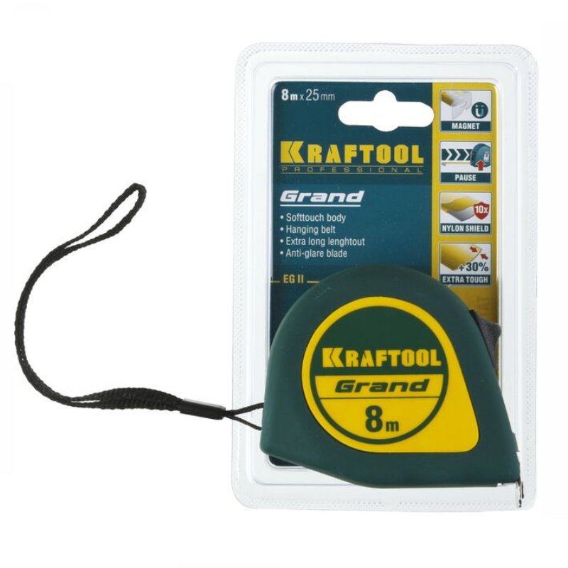 Рулетка Kraftool GRAND 34022-08-25, обрезиненный пластиковый корпус, 8м/25мм  в Переславле