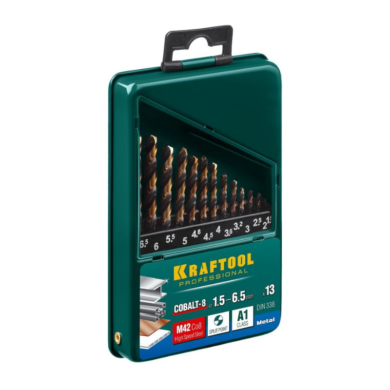 Набор сверл по металлу Kraftool 29656-H13, COBALT, HSS-Co (8%), сталь М42 (S2-10-1-8), 13 шт. (1.5-6.5 мм) в Иваново