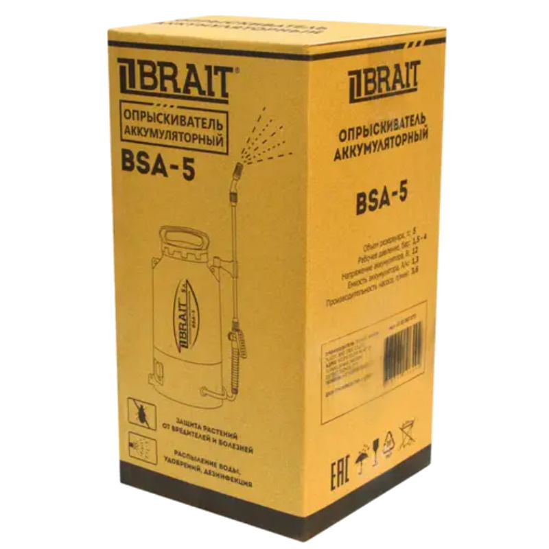 Опрыскиватель аккумуляторный Brait BSA-5 27.01.007.072, объем 5 л, рабочее давление 1.5-4 бар, АКБ гелевый, 12 В, 1.3 Ач в Рыбинске