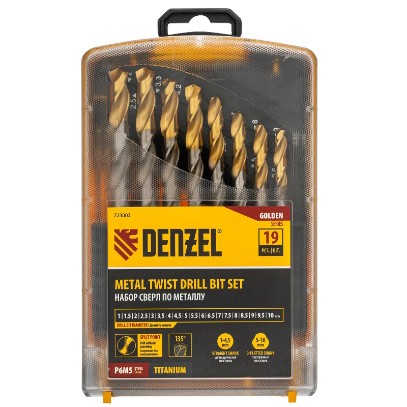Набор сверл по металлу Denzel 723003, 1-10 мм, Р6М5-TiN, Golden Tip, 19 шт.  в Кинешме