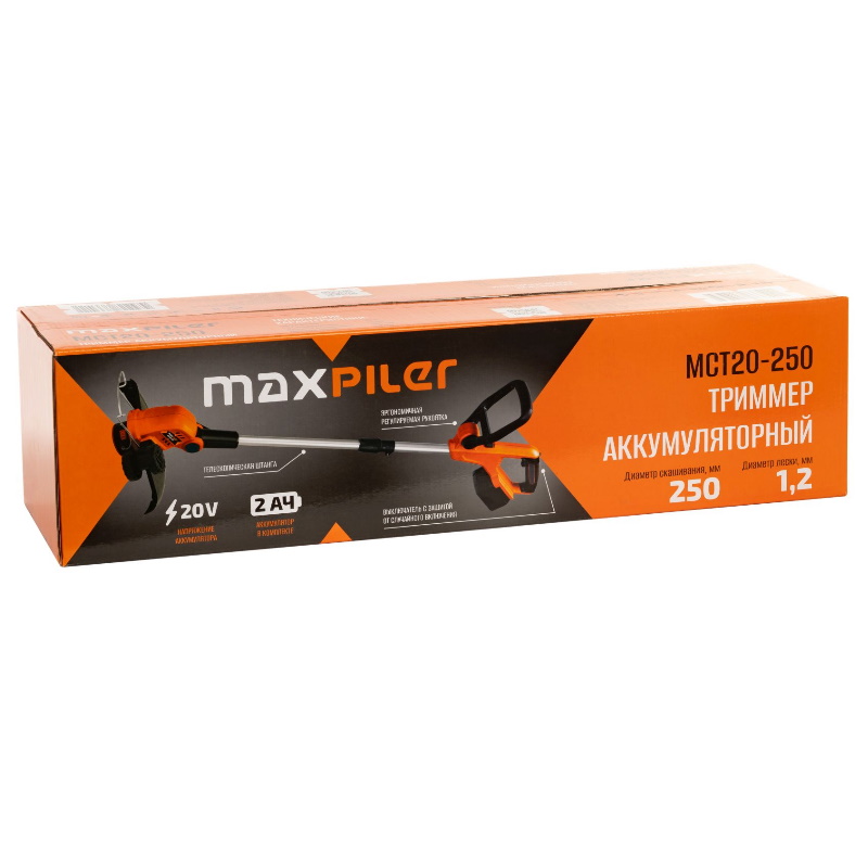 Триммер аккумуляторный Maxpiler MCT20-250 (20В, Ø250 мм, телескопическая, леска 1.2 мм, 1 АКБ 2Ач, ЗУ) в Череповце