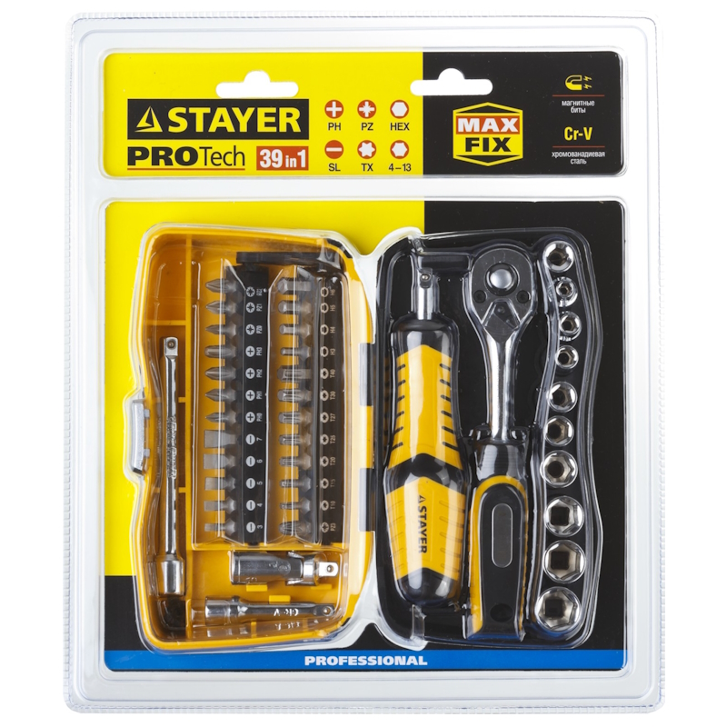 Биты и торцовые головки с трещеткой и воротком Stayer "PROFESSIONAL" 25135-H39, 39 предметов