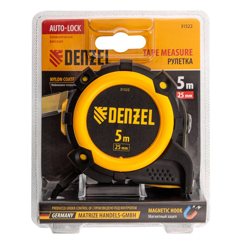 Рулетка Denzel 31522, 5м х 25мм, автоматич. фиксац., нейлон. покрытие, магнит. зацеп, двухстор. разметка в Иваново