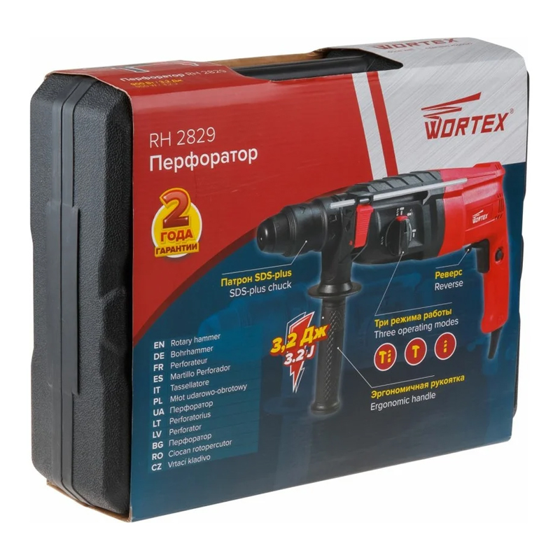 Перфоратор Wortex RH282901129 + 2 зубила, 3 сверла в кейсе в Твери