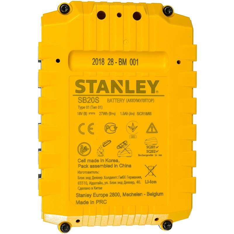 Аккумулятор электрический Stanley SB20S (18v, материал литий, емкость 1,5Ач, сладйер)