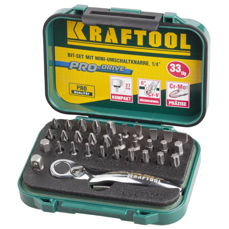 Набор бит Kraftool "EXPERT" 26157-H33, с мини трещоткой 1/4", 33 предмета в Ярославле