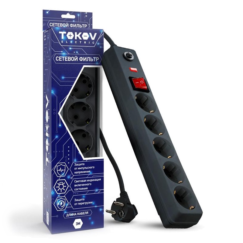 Сетевой фильтр Tokov Electric TKE-C06-SF5-3-ZV макс нагрузка 3500 Вт черный 1378₽