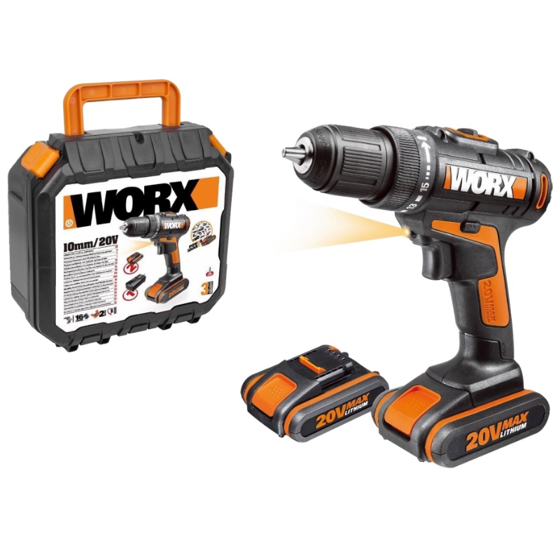 Дрель-шуруповерт аккумуляторная WORX WX101.1, 20В, 1.5Ач x2, кейс в Рыбинске