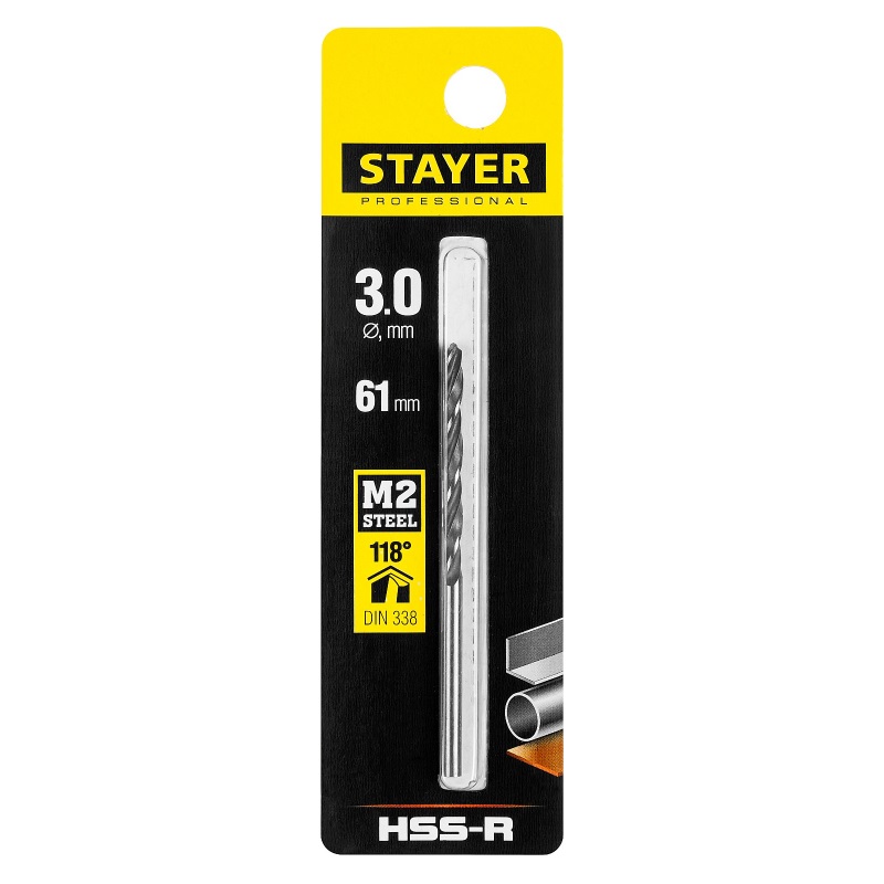 Сверло по металлу Stayer PROFI 29602-3, 3.0х61 мм, HSS-R, быстрорежущая сталь М2