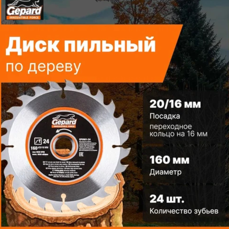 Диск пильный Gepard GP0901-24, по дереву, 160х20/16мм, 24 зуб.  в Муроме