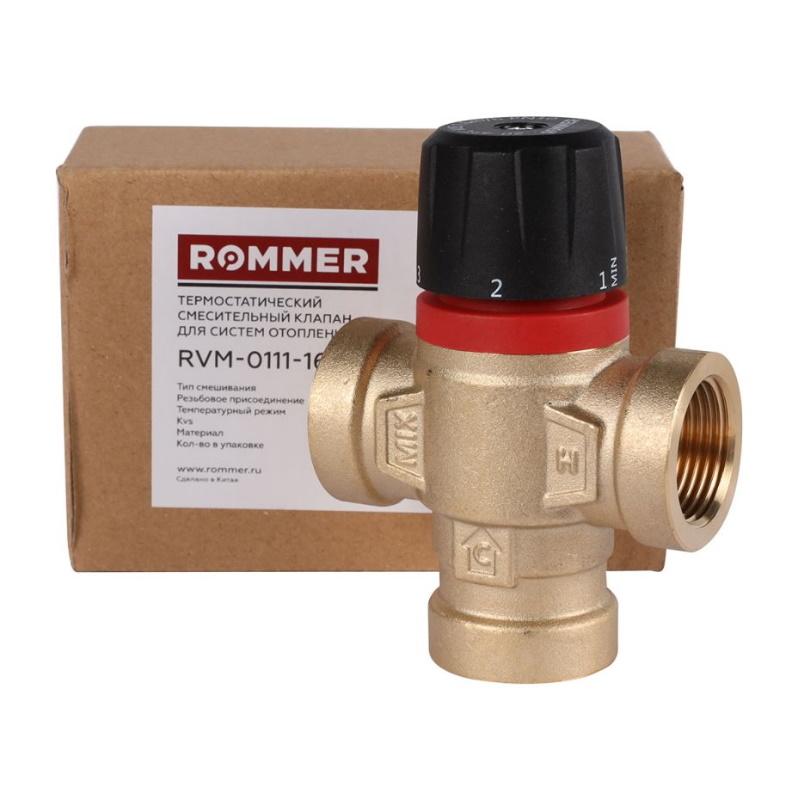 Термостатический смесительный клапан для систем отопления и ГВС Rommer RVM-0111-164320 3/4" ВР 20-43°С KV 1,6 (боковое смешивание) в Коврове