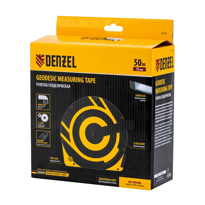 Рулетка геодезическая Denzel 31292, 50 м х 15 мм, закрытый корпус, фиберглассовая лента