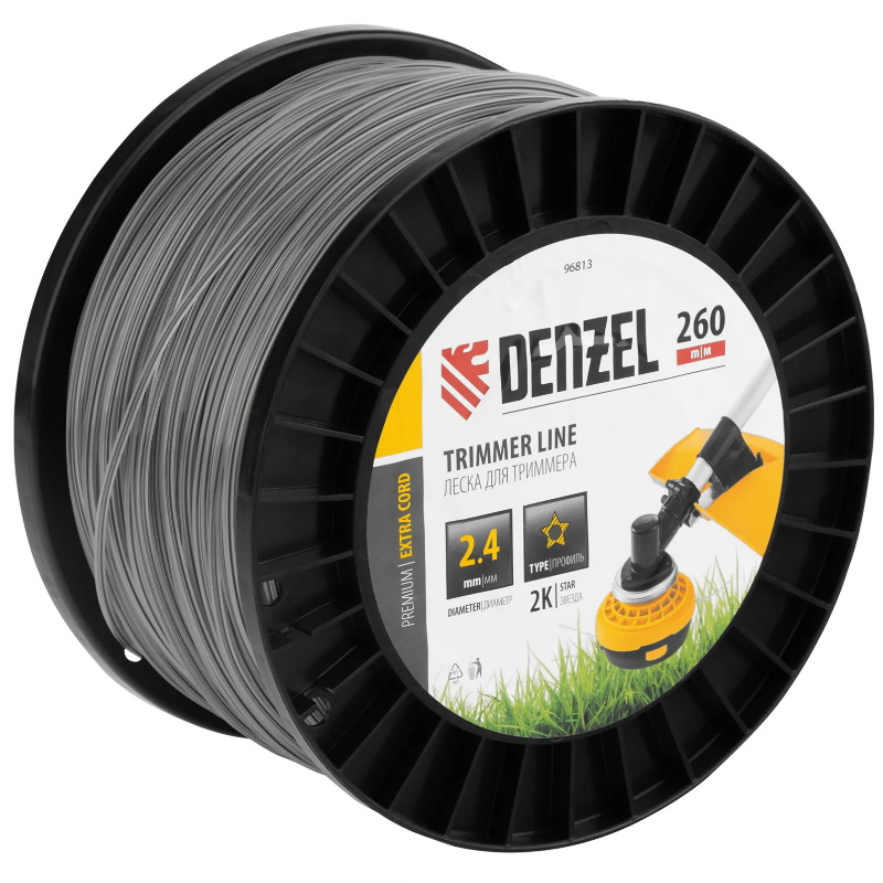 Леска для триммера двухкомпонентная звезда Denzel EXTRA CORD 96813, 2,4мм х 260м, на DIN катушке во Владимире
