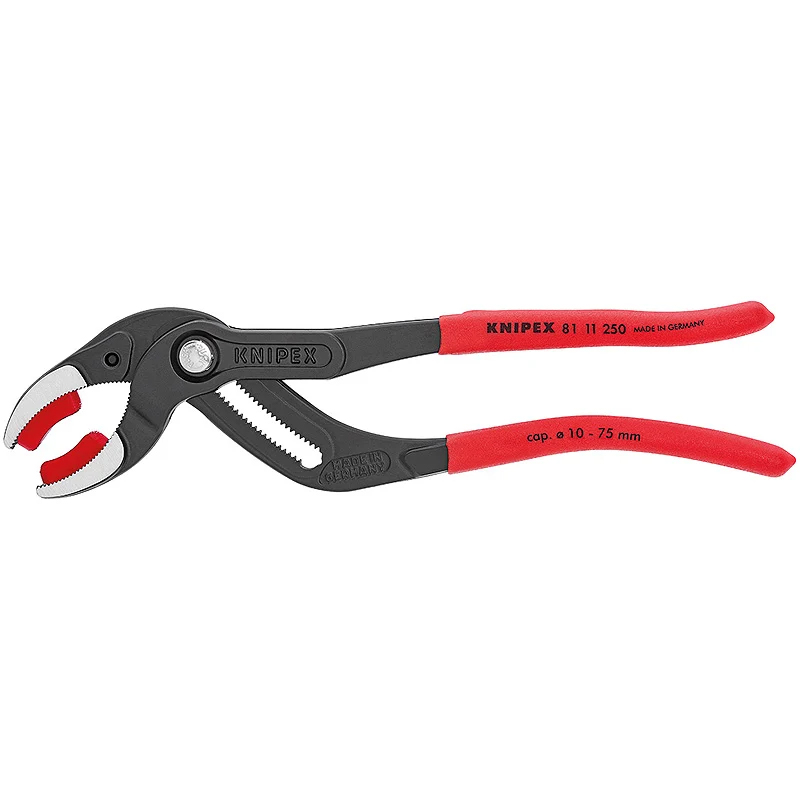 Клещи переставные Knipex KN-8111250 трубные, зев 10-75 мм, длина 250 мм, пластиковые насадки на губках, фосфатированные в Угличе