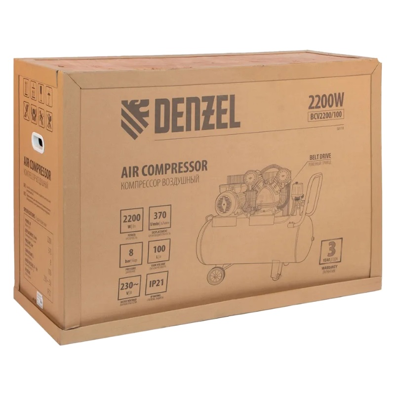 Компрессор воздушный Denzel BCV2200/100 58110, 2,2 кВт, 370 л/мин, 100 л в Александрове