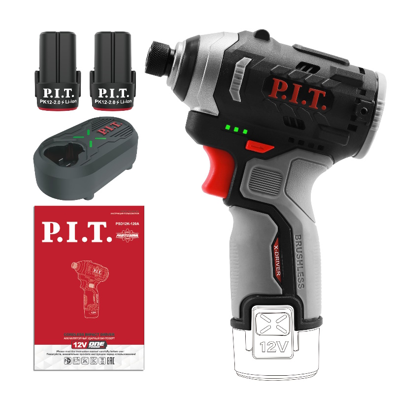 Винтоверт аккумуляторный P.I.T. IMPACT PSD12K-120A/2, бесщёточный,12В, 120Нм, HEX 1/4", 2х2Ач, ЗУ, кейс в Переславле