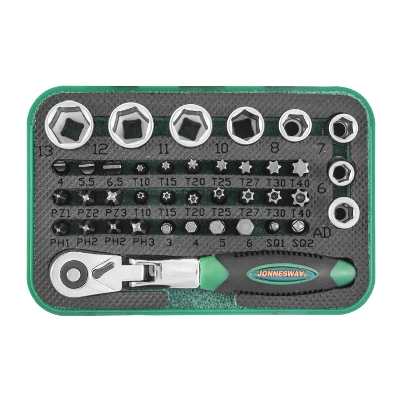 Набор Jonnesway RD02040S 049305 рукоятка трещоточная миниатюрная 1/4"DR со вставками-битами и головками торцевыми , 40 предметов в Череповце
