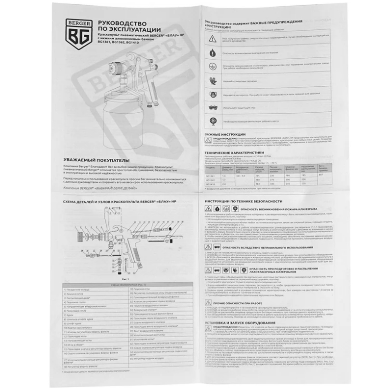 Краскопульт пневматический Berger BG1361 БЛАУ HP 14 мм нижний бачок