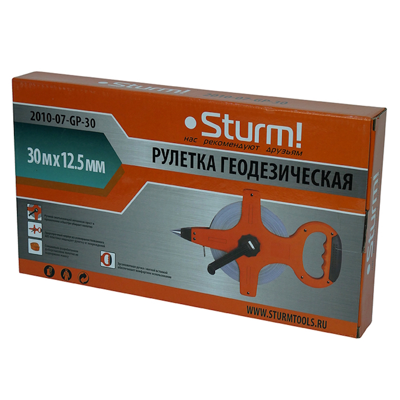 Рулетка Sturm 2010-07-GP-30, 30м геодезическая, открытый корпус