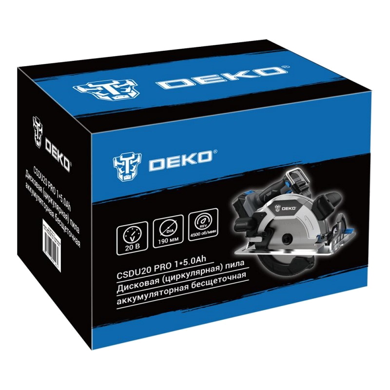 Дисковая (циркулярная) пила Deko CSDU20 PRO 083-1105, аккумуляторная, 20 В, 190 мм, 1x5.0 Ач в Твери