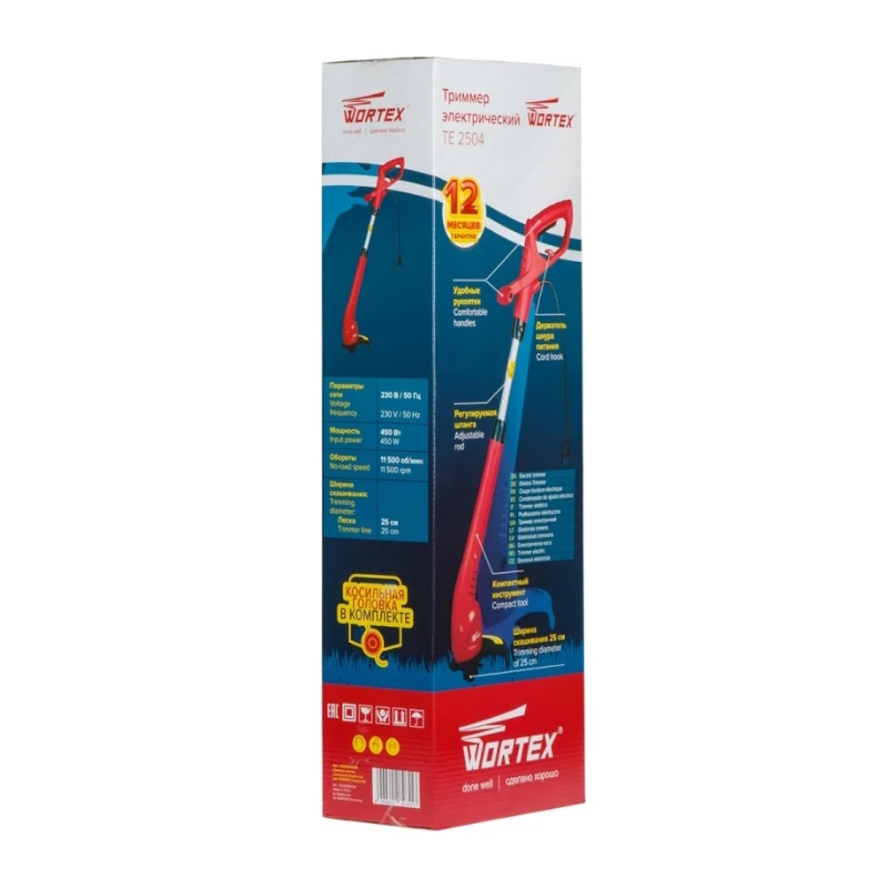 Триммер электрический Wortex TE 2504 TE250400019, 450 Вт, ширина скашивания 25 см в Туле