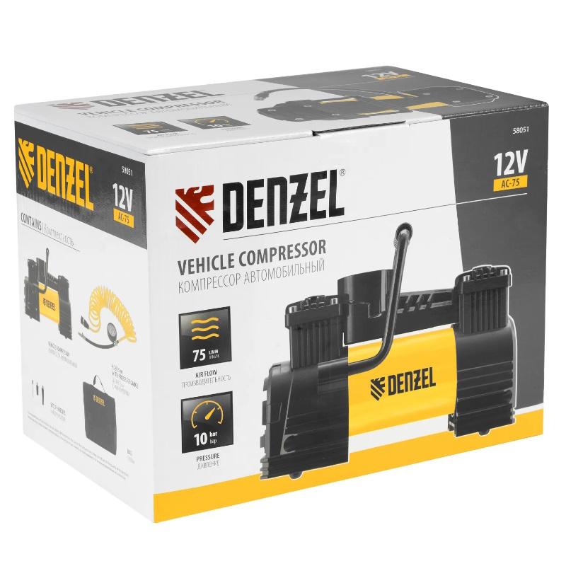 Компрессор автомобильный Denzel AC-75 58051, 12 В, 10 атм., 75 л/мин, LED в Череповце