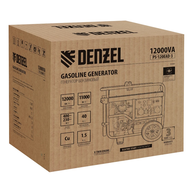 Генератор бензиновый Denzel PS-120EAD-3 946984, 12 кВт,230/400 В, 40 л, разъём ATS, электрический стартер