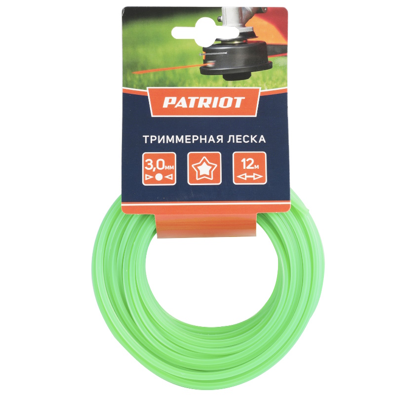 Леска Patriot 805205123, D 3.0 мм, L 12 м, звезда, зеленая, 300-12-3, картонный подвес в Кинешме