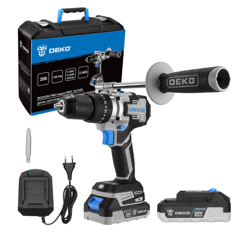 Дрель-шуруповерт Deko ZKCD20V PRO Impact 084-1034, аккумуляторная, ударная, бесщеточная, в кейсе, 20В, 135 Нм, 2x3.0Ач в Иваново