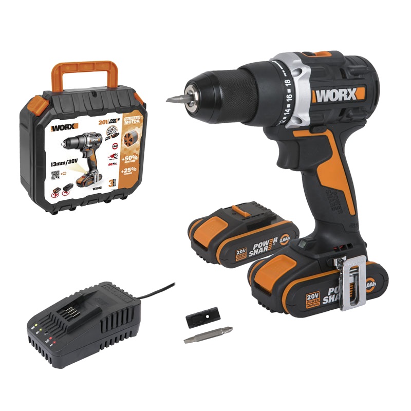 Дрель-шуруповерт WORX WX102 аккумуляторная , 20В, 60Нм, бесщеточная, 2Ач х2, ЗУ, кейс в Кинешме