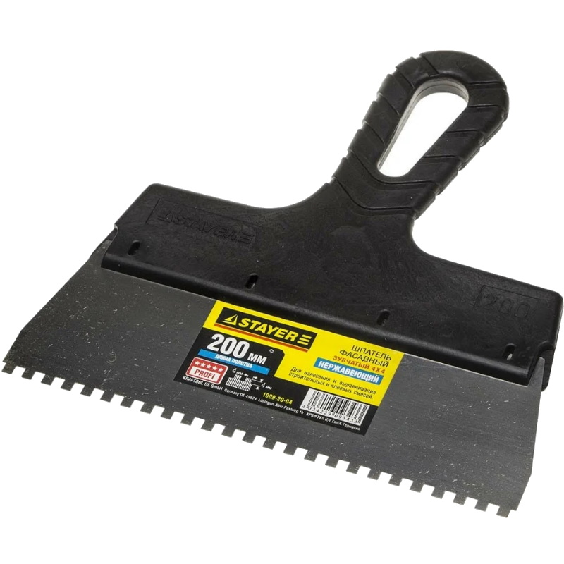 Зубчатый шпатель для клея Stayer Professional 1009-20-04 (200 мм, зуб 4х4 мм)