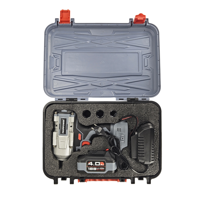 Гайковёрт аккумуляторный ProfiPower T-900N E0186, Li-ion-1шт, 4.0Ач, 900Нм, ударная головка 17/19/21мм, З/У, в кейсе