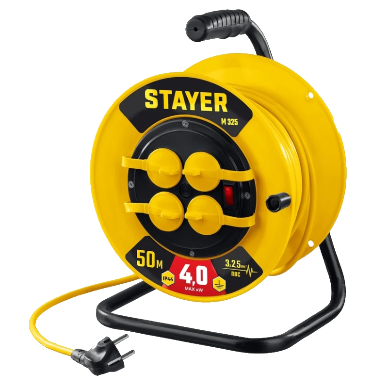 Силовой удлинитель на катушке Stayer М-325 55064-50, ПВС 3х2.5 50м, 4000Вт, IP44