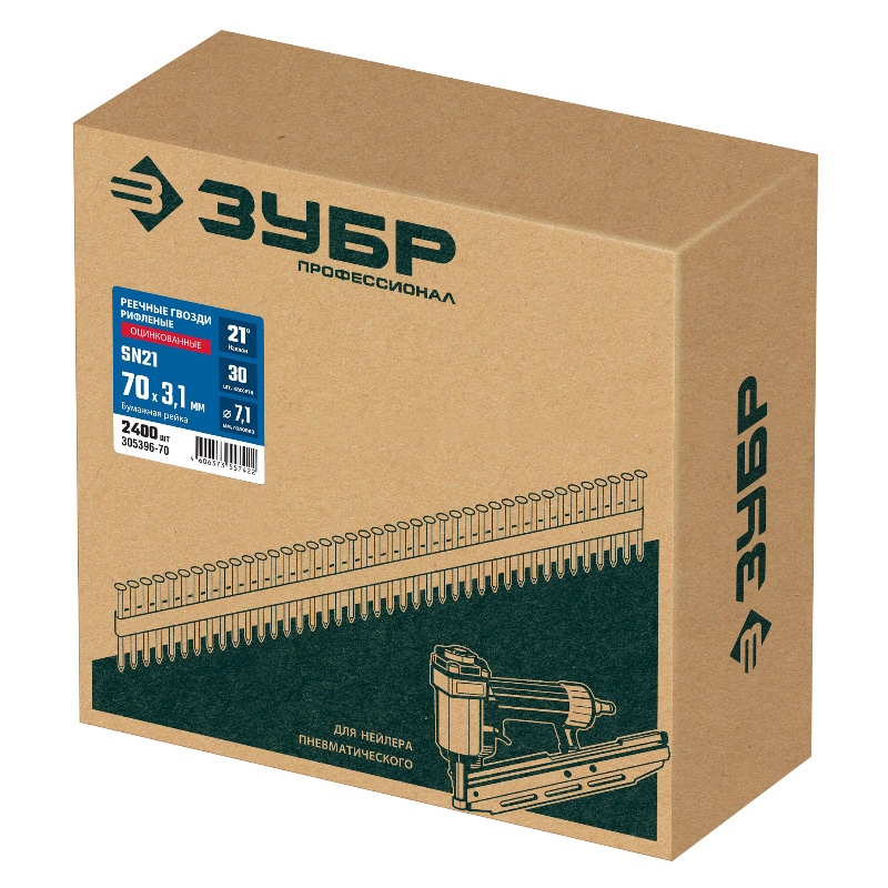 Реечные гвозди Зубр SN21 305396-70, рифленые, оцинкованные, 70 х 3.1 мм, 2400 шт