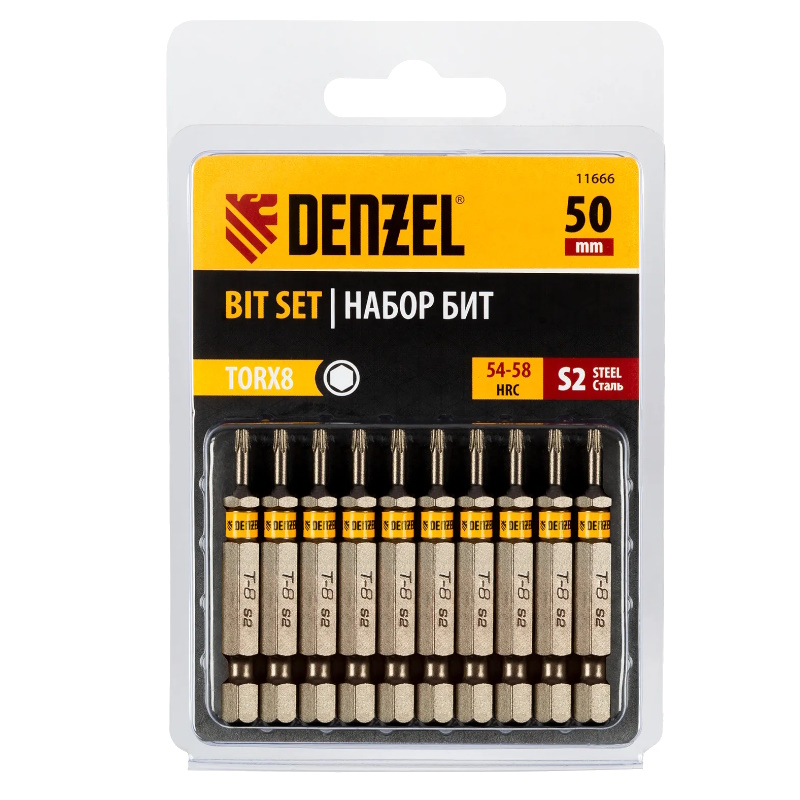 Набор бит Denzel 11666, TORX 8х50, сталь S2, шестигранный профиль, 10 шт. во Владимире