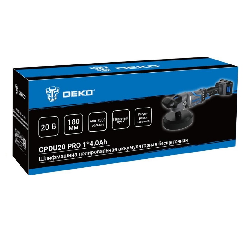 Шлифмашина полировальная Deko CPDU20 PRO 083-1033, аккумуляторная, бесщеточная, 180 мм, 20В, 1x4.0Ач в Коврове