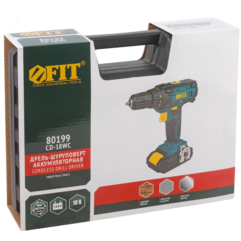 Дрель-шуруповерт аккумуляторная Fit 80199, 18 В, 0-450/1550 об/мин, 29 Нм, 2 (Li-Ion) 1,3 Ач, 1,5 ч, кейс  в Рыбинске