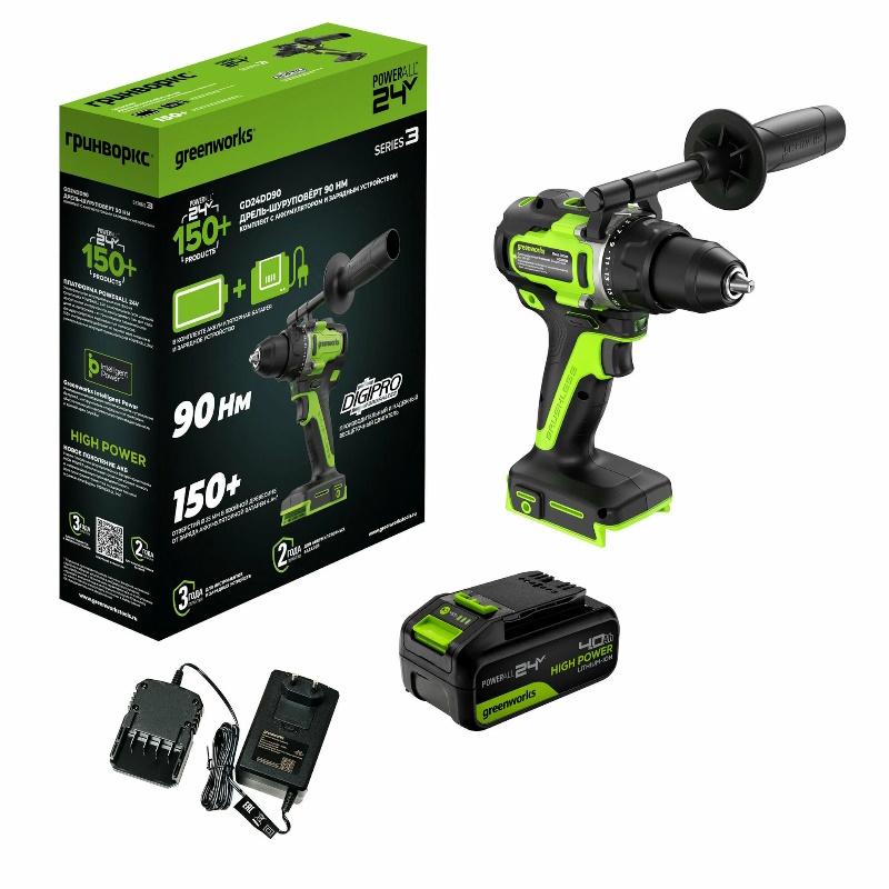 Дрель-шуруповерт аккумуляторная Greenworks 24V GD24DD90 3707507CUB, б/щет, 45/90 Нм,1x4 Ач, ЗУ, кор во Владимире
